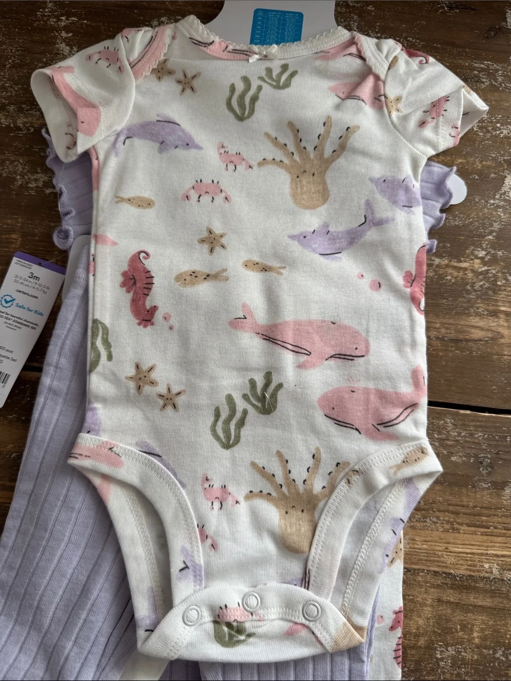 NWT Carter's Baby Girl Lavender Ribbed 2 Piece Bodysuits Outfits Ocean Themed 3M
